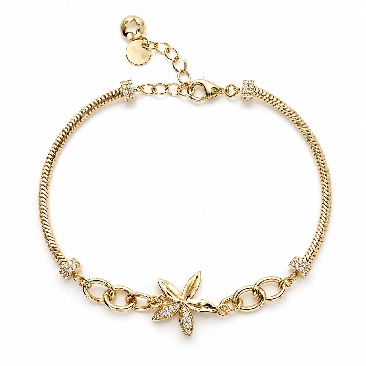 Bratara aur 14K cu zale plate si pandantiv floare cu Zirconia Floral Grace