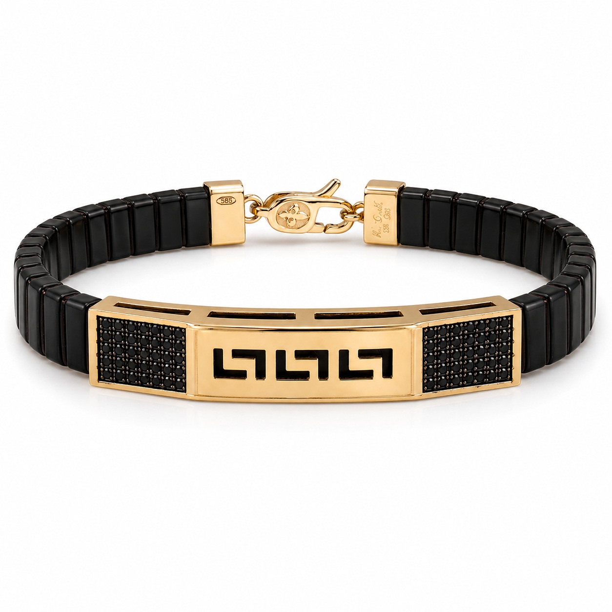 Bratara aur 14K cu silicon negru si placuta perforata cu pietre Zirconia negre Obsidian Code