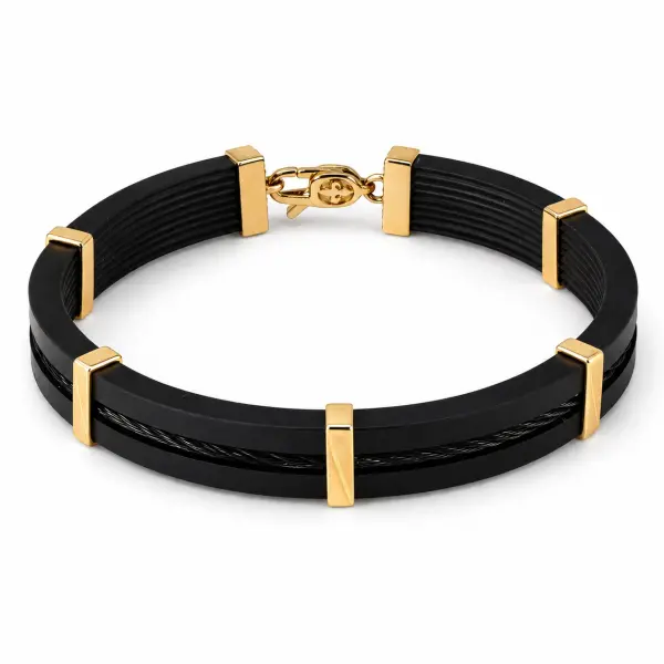 Bratara aur 14K cu silicon negru impletit si insertii geometrice Golden Edge