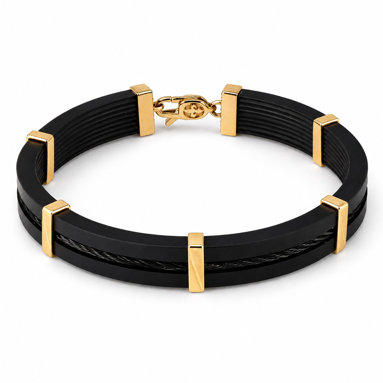 Bratara aur 14K cu silicon negru impletit si insertii geometrice Golden Edge