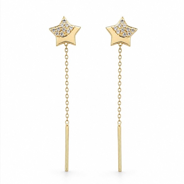 Cercei de aur 14k tip fir cu stelute si pietre Zirconia Star Glow