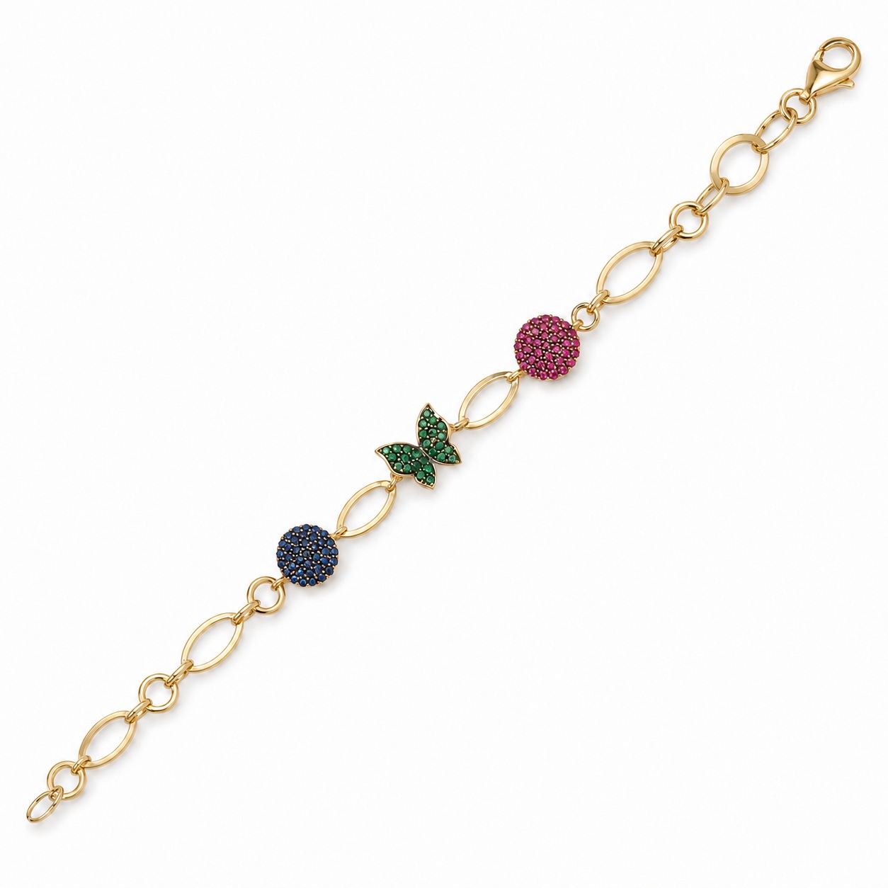 Bratara aur 14K cu fluture si cercuri cu pietre Zirconia roz, verzi si albastre Rainbow Butterfly Dream