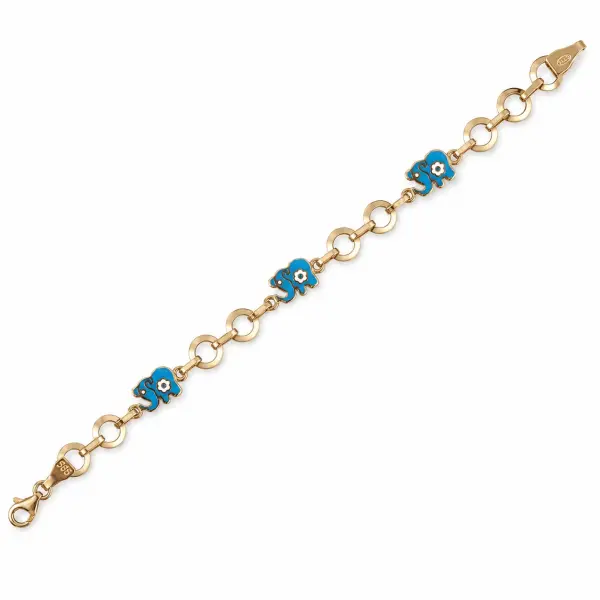 Bratara aur 14K cu elefanti si floricele Blue Elephant Smile
