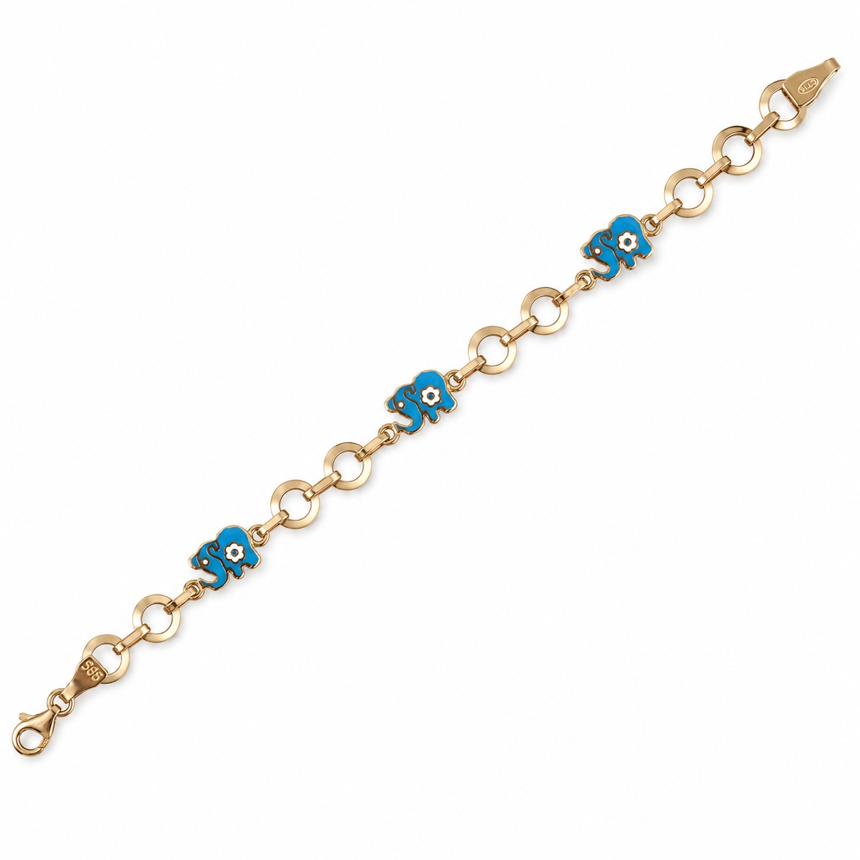 Bratara aur 14K cu elefanti si floricele Blue Elephant Smile
