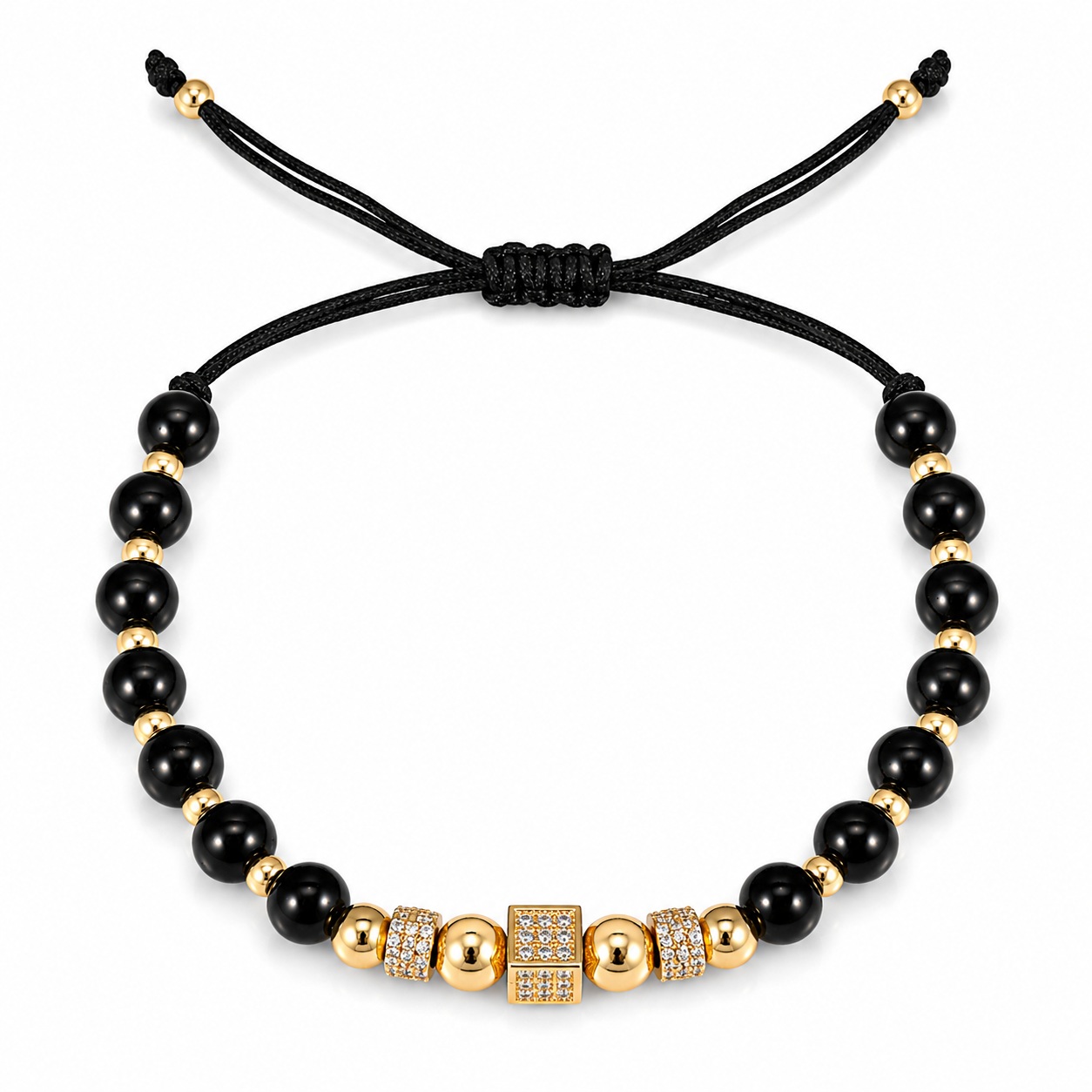 Bratara aur 14k cu snur, bile negre si cub cu pietre Zirconia Noir Cube