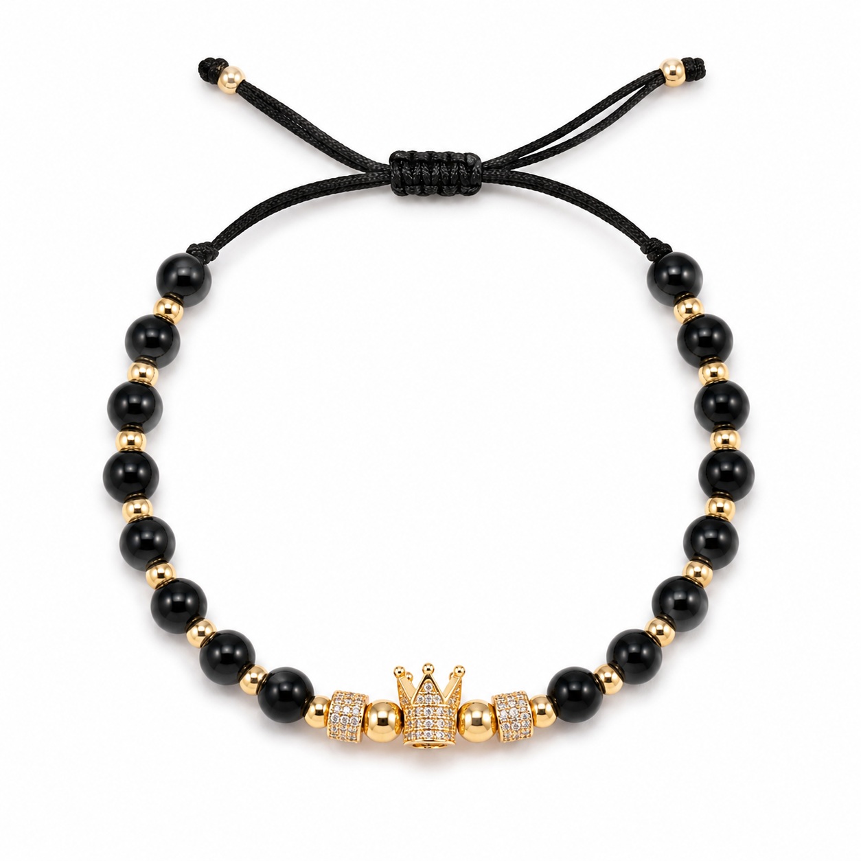 Bratara aur 14k cu snur, bile negre, coroana si pietre Zirconia Royal Noir
