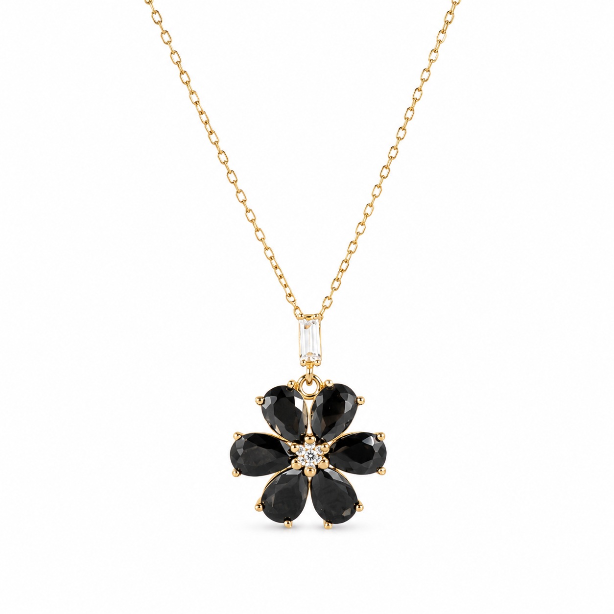 Colier aur 14k cu pandantiv floare, pietre Zirconia negre si albe Midnight Bloom