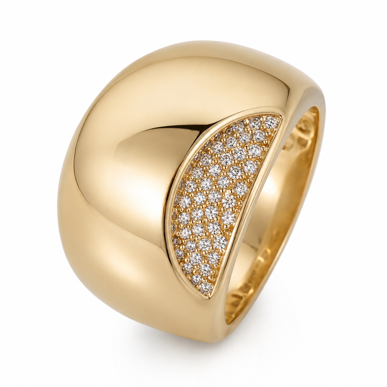 Inel aur 14K design alungit bombat si pietre Zirconia pavate Velvet Dome