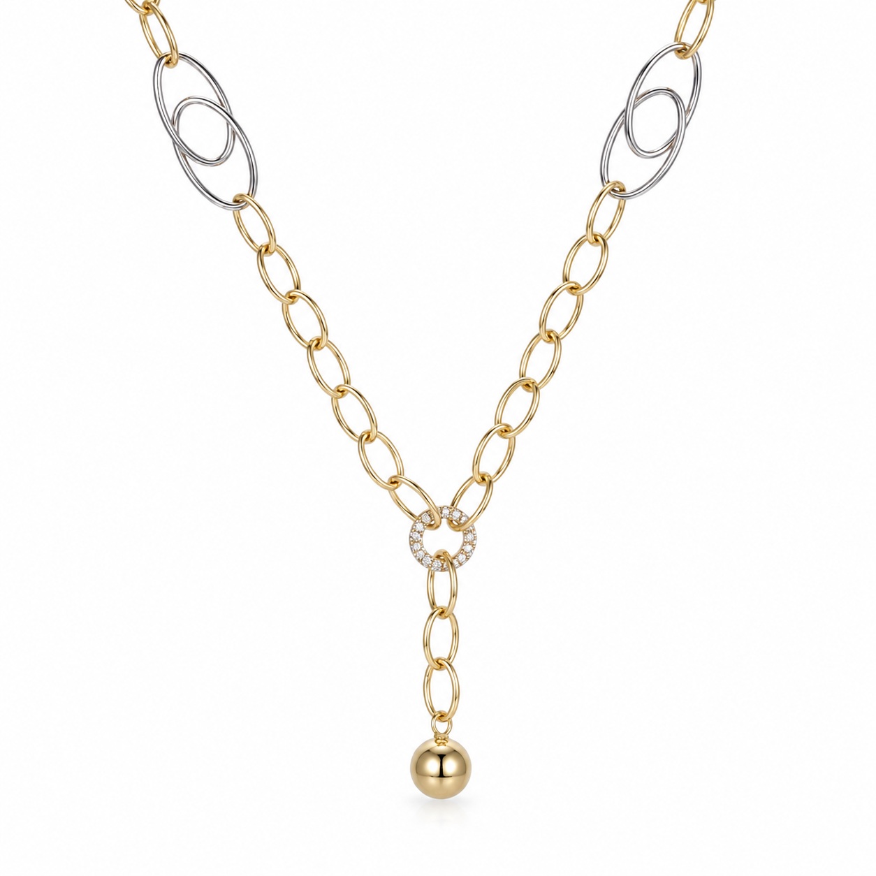 Colier aur 14k cu zale ovale in marimi diferite, pietre Zirconia si pandantiv bila Duo Oval Glow