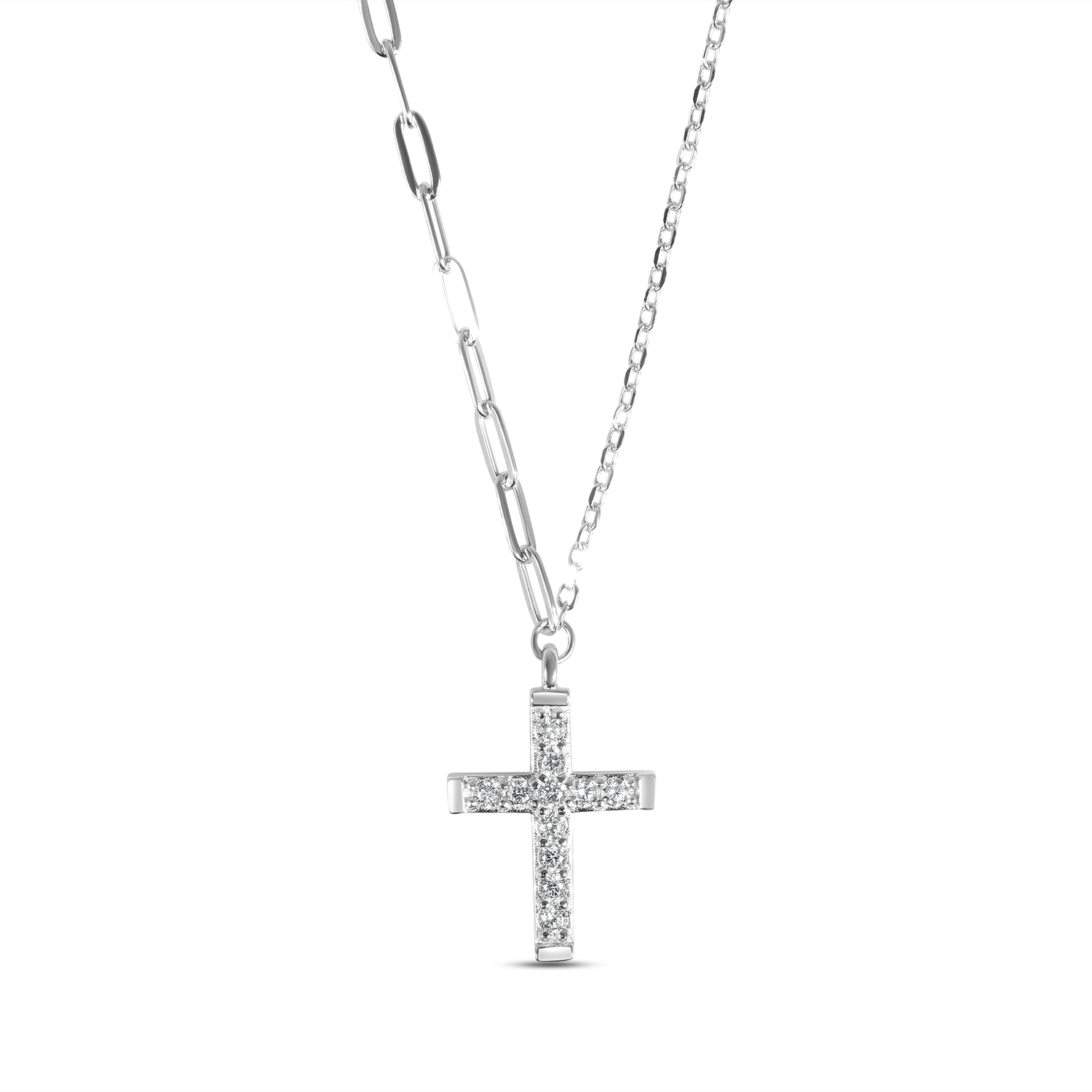 Colier de argint cu cruce si pietre Zirconia Half Chain Cross