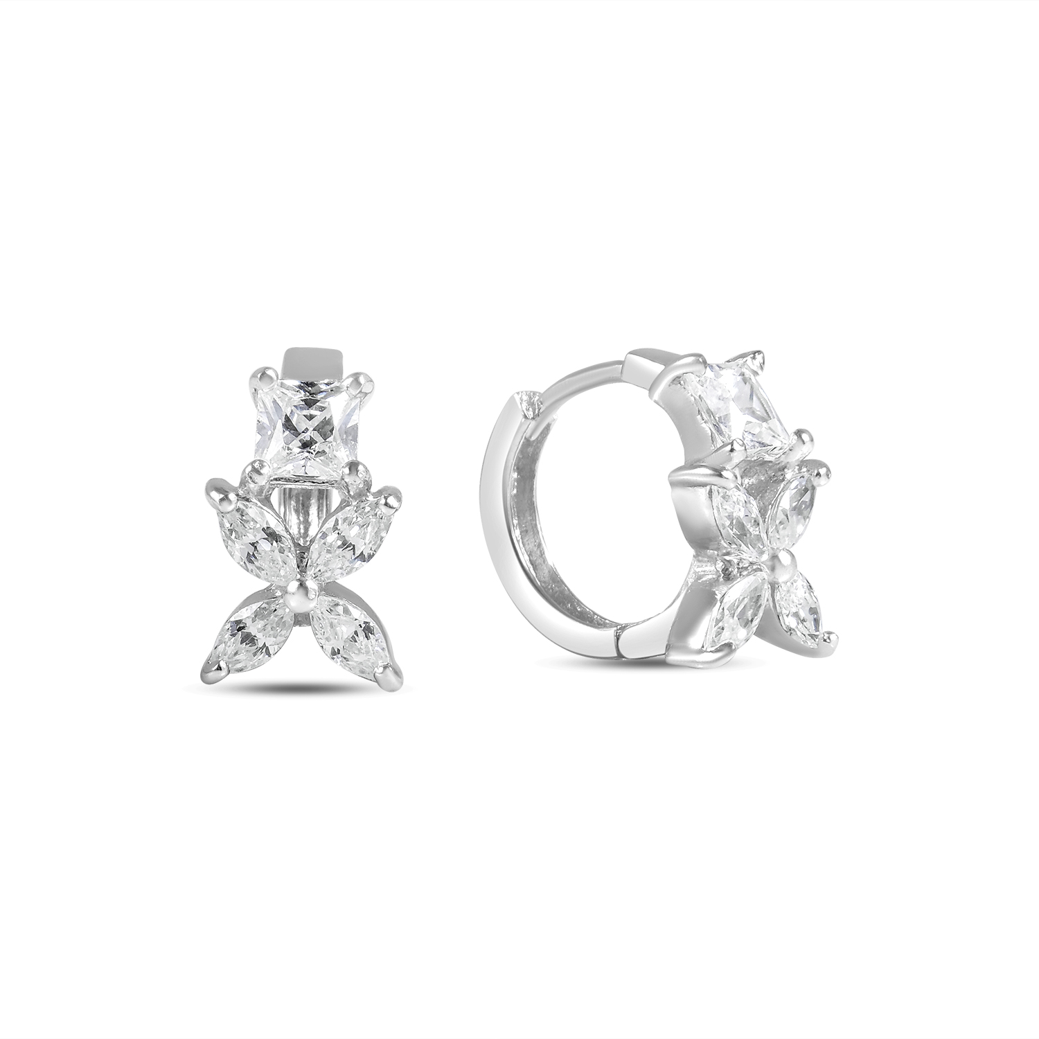 Cercei argint cu pietre Zirconia in 4 petale si piatra patrata Silver Bloom Geometry