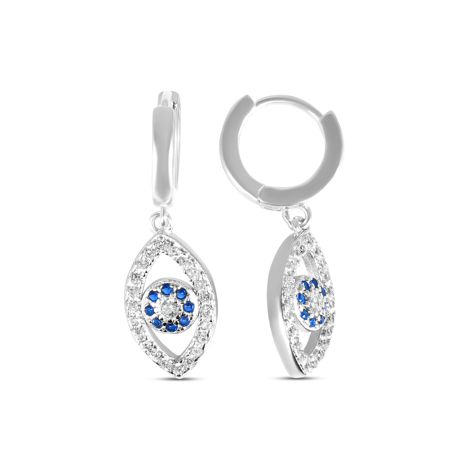 Cercei argint in forma de ochi cu pietre zirconia albe si albastre Blue Eye Glow