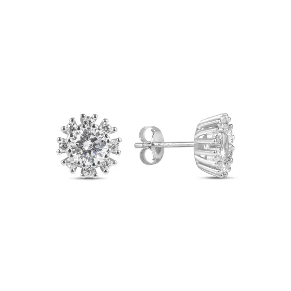 Cercei argint cu Zirconia rotunda centrala si pietre Zirconia laterale Radiant Halo Glow