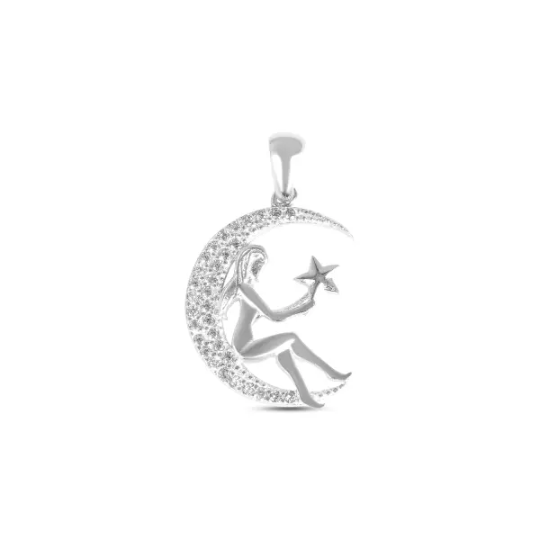 Pandantiv argint in forma de Luna cu Silueta si Stea, decorat cu pietre zirconia Moon Dream