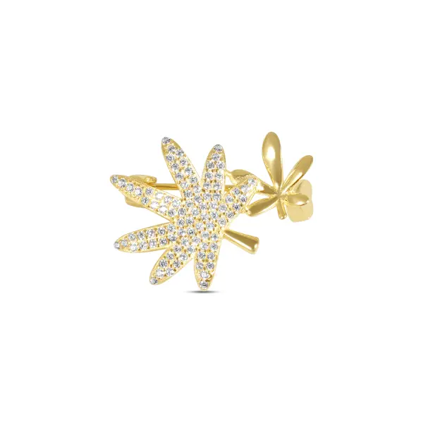 Brosa argint galben in forma de frunza de marijuana cu pietre Zirconia Golden Rebel Leaf