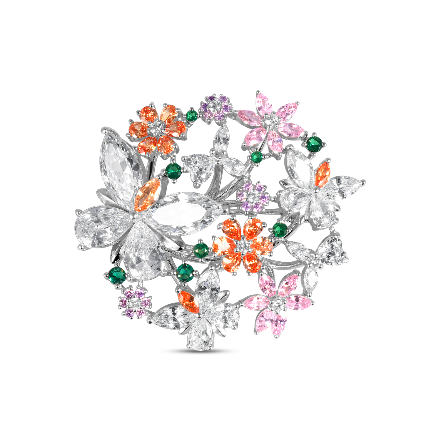 Brosa argint cu flori si pietre zirconia Blooming Garden Royale