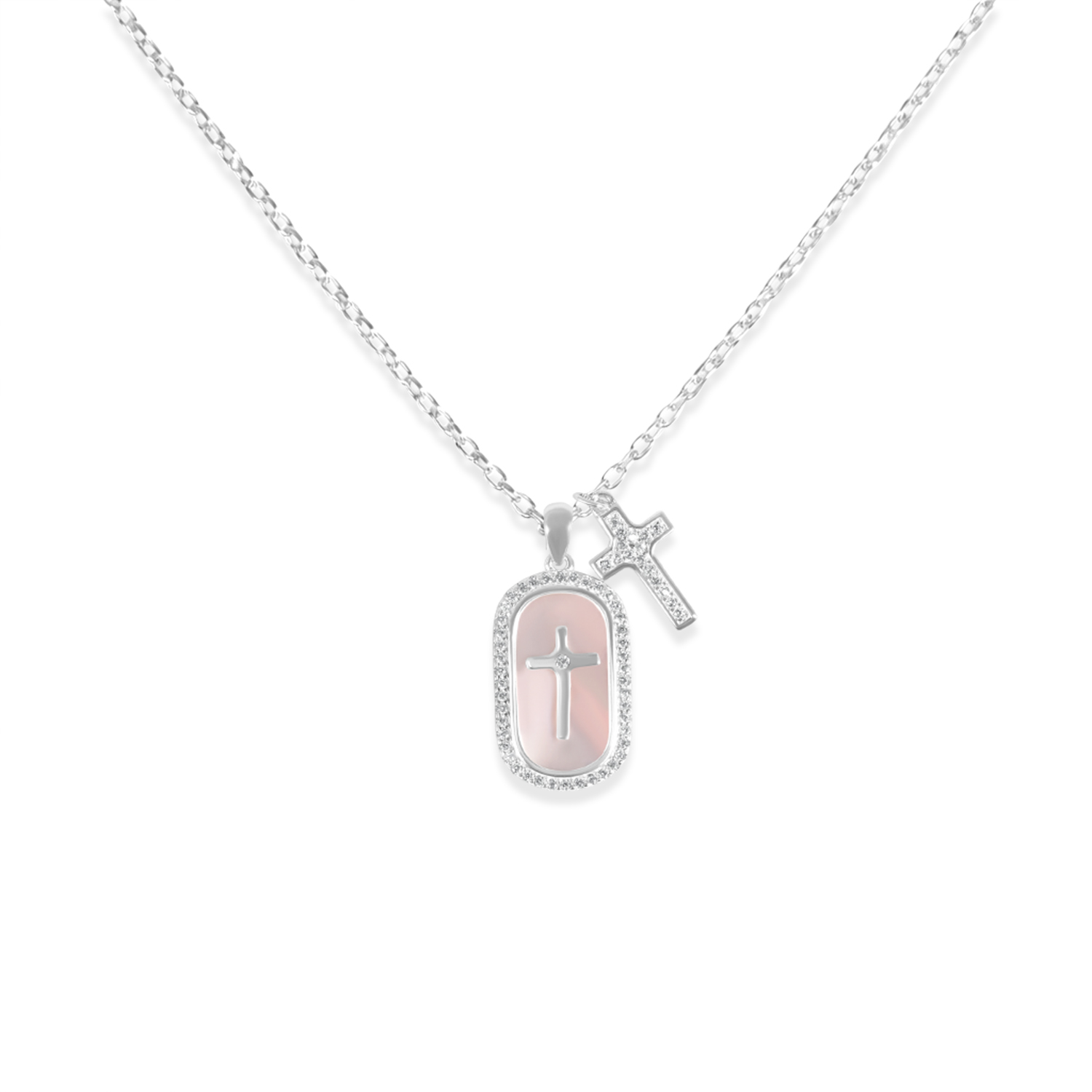 Colier de argint subtire cu pandantive tip cruce si pietre zirconia Divine Glow
