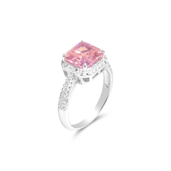 Inel argint dama cu pietre Zirconia si piatra centrala roz Pink Radiance