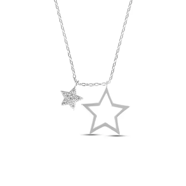 Colier de argint fin cu pandantive stea decupata si stea cu pietre Zirconia Twin Star Harmony