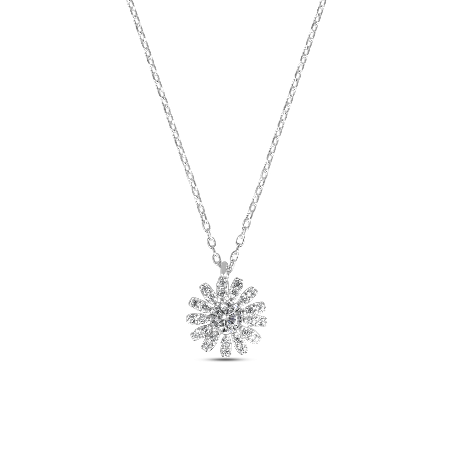 Colier de argint cu lant delicat si pandantiv floare cu pietre Zirconia Bloom Radiance