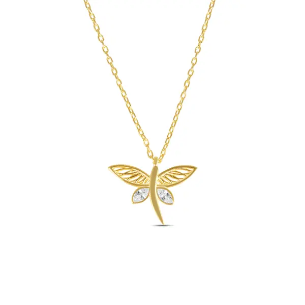 Colier de argint galben cu lant fin si pandantiv fluture cu pietre Zirconia Golden Butterfly