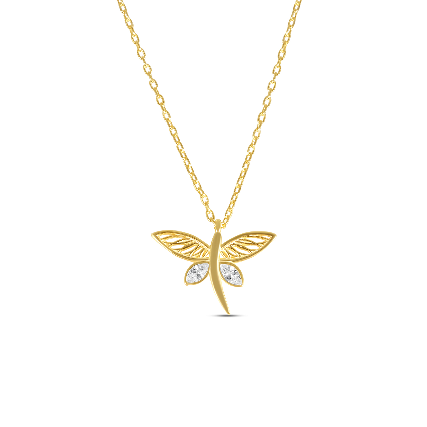 Colier de argint galben cu lant fin si pandantiv fluture cu pietre Zirconia Golden Butterfly