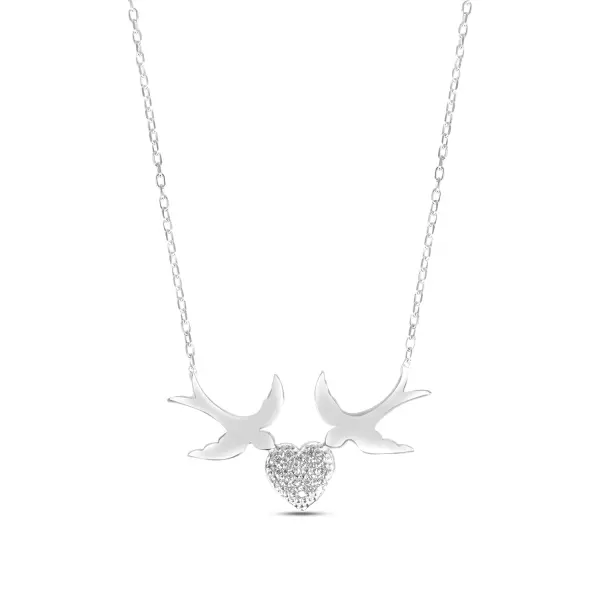 Colier de argint fin cu pandantiv inima cu pietre Zirconia si pasari Love Flight Spark