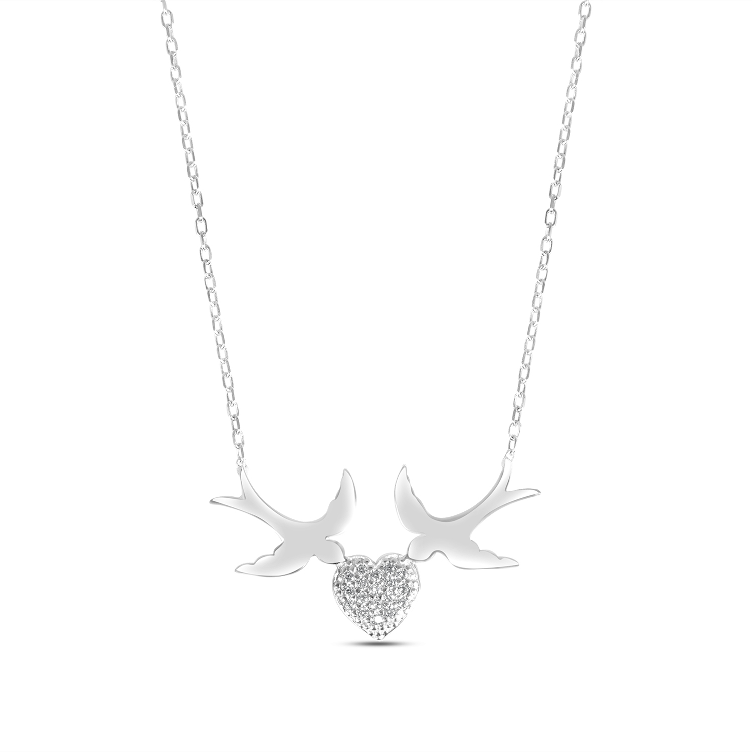 Colier de argint fin cu pandantiv inima cu pietre Zirconia si pasari Love Flight Spark