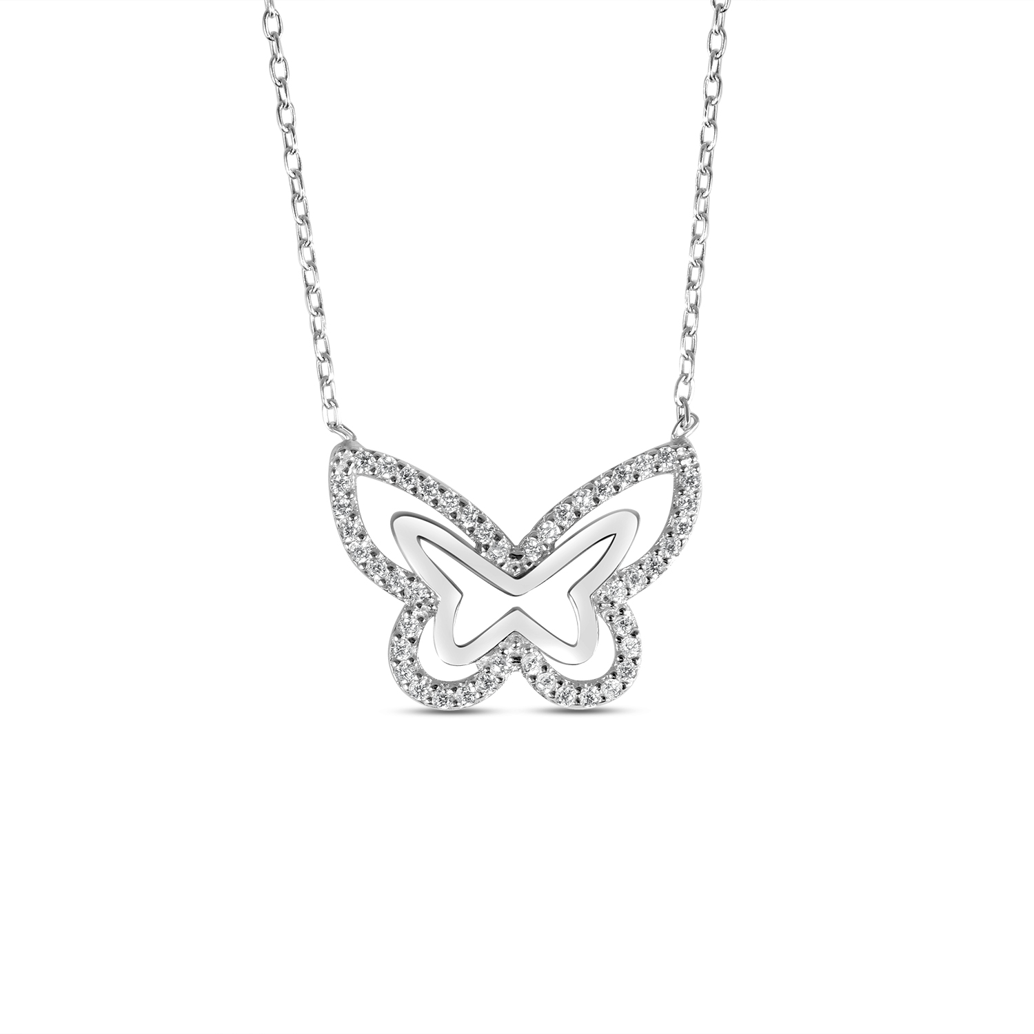 Colier de argint subtire cu pandantiv silueta de fluture si pietre Zirconia Butterfly Grace