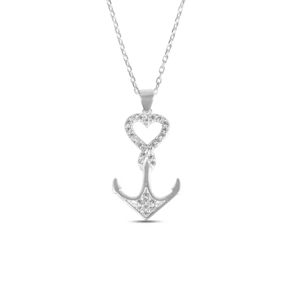 Colier de argint subtire cu pandantiv ancora si inima cu pietre Zirconia Anchor Heart