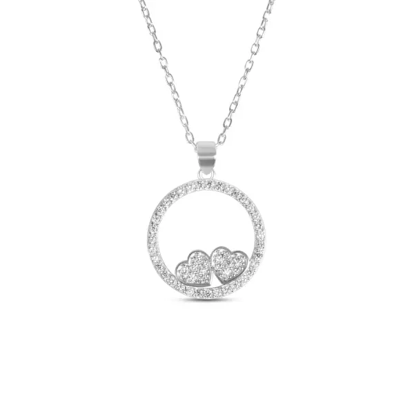 Colier de argint fin cu pandantiv cerc cu doua inimi si pietre Zirconia Twin Hearts Circle