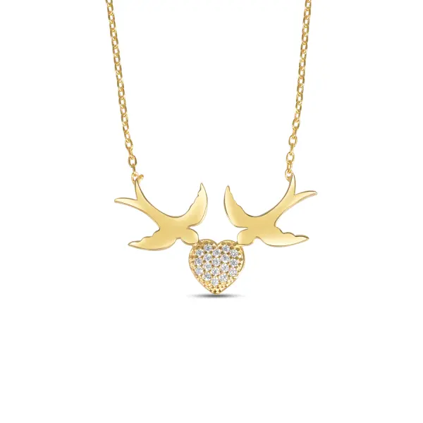 Colier de argint galben cu pandantiv inima, pasari si pietre Zirconia Golden Love Flight