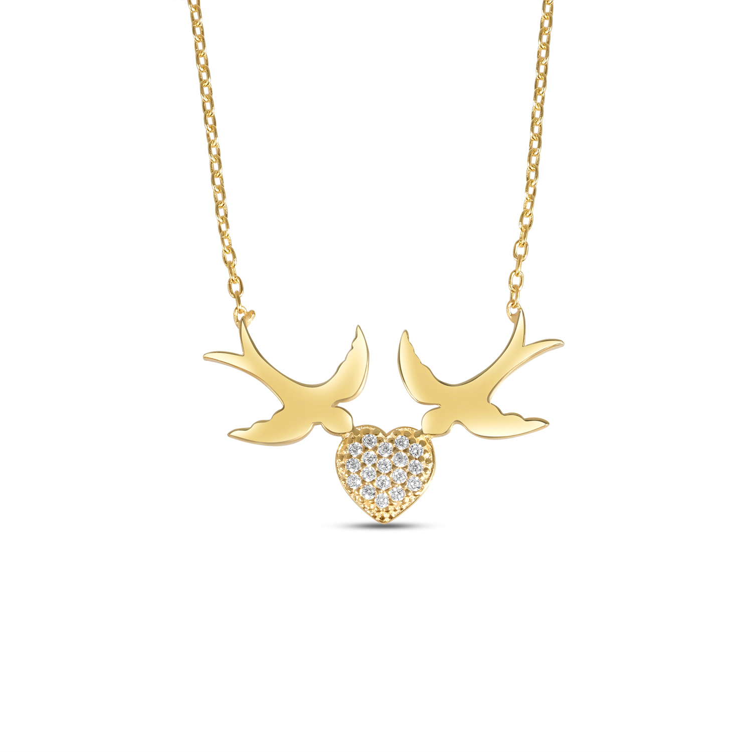 Colier de argint galben cu pandantiv inima, pasari si pietre Zirconia Golden Love Flight