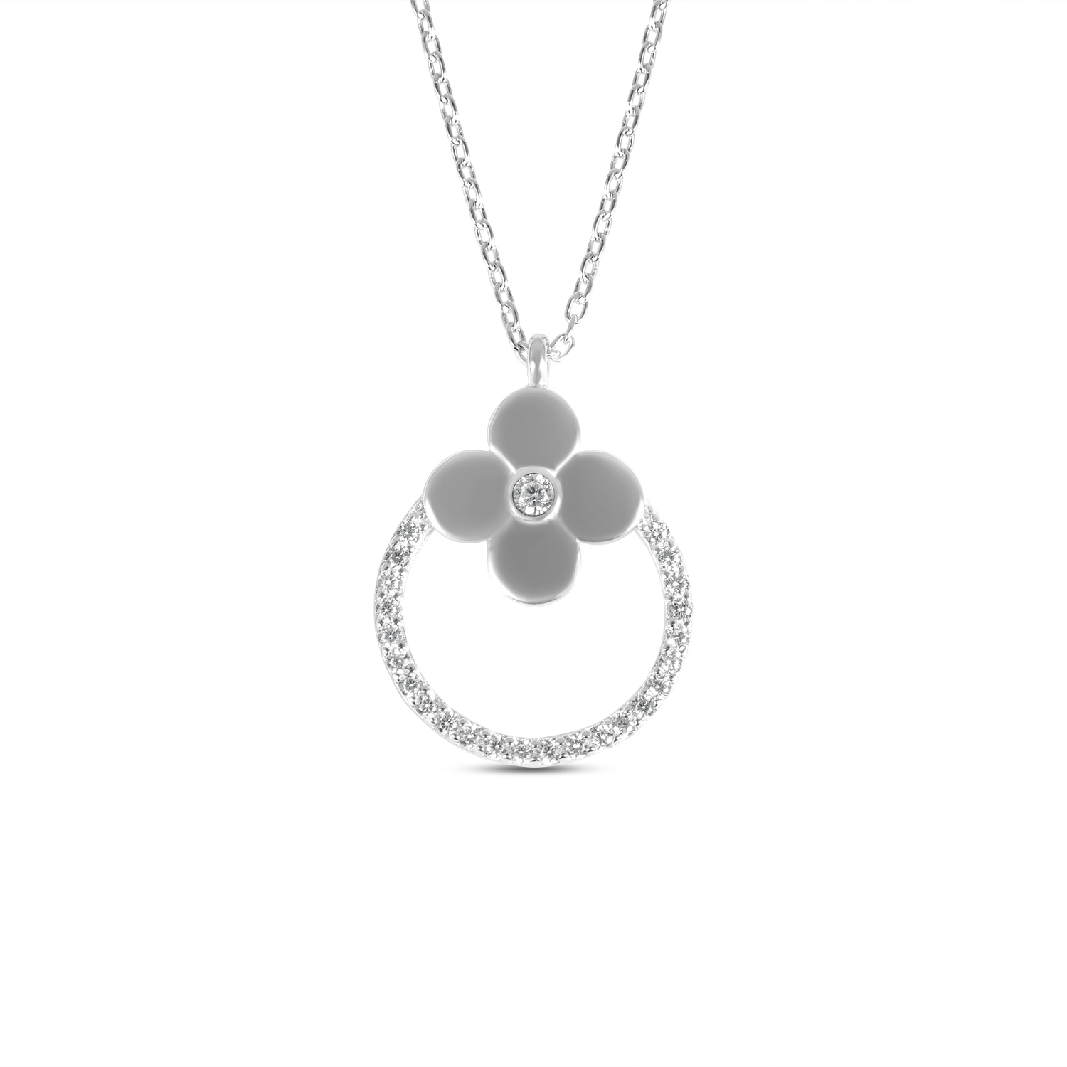 Colier de argint subtire cu pandantiv floare si cerc cu pietre Zirconia Bloom Circle