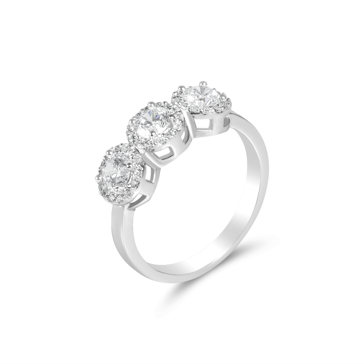 Inel argint dama cu trei pietre Zirconia rotunde si halo stralucitor Triple Halo Elegance
