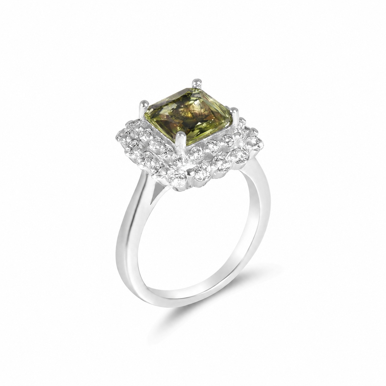 Inel argint dama cu piatra Zirconia verde patrata si randuri de pietre Zirconia albe Emerald Square Prestige