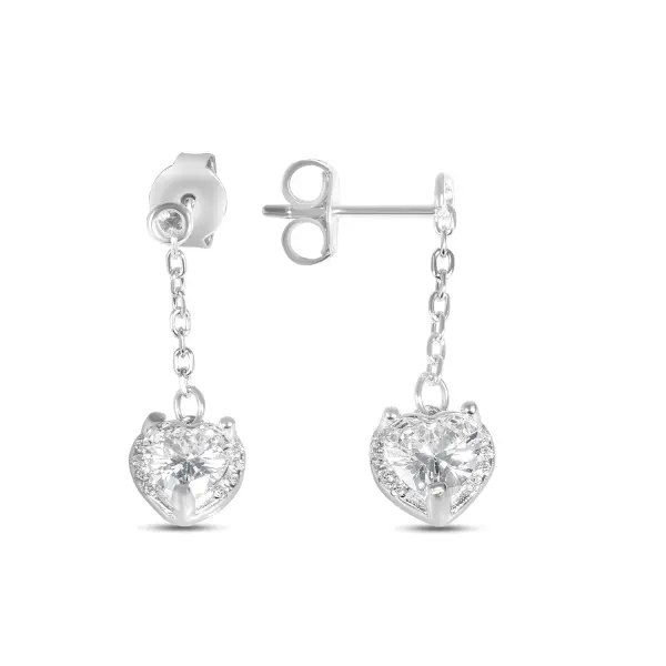 Cercei argint dama cu fir si inima din pietre Zirconia Heart Drop Glow