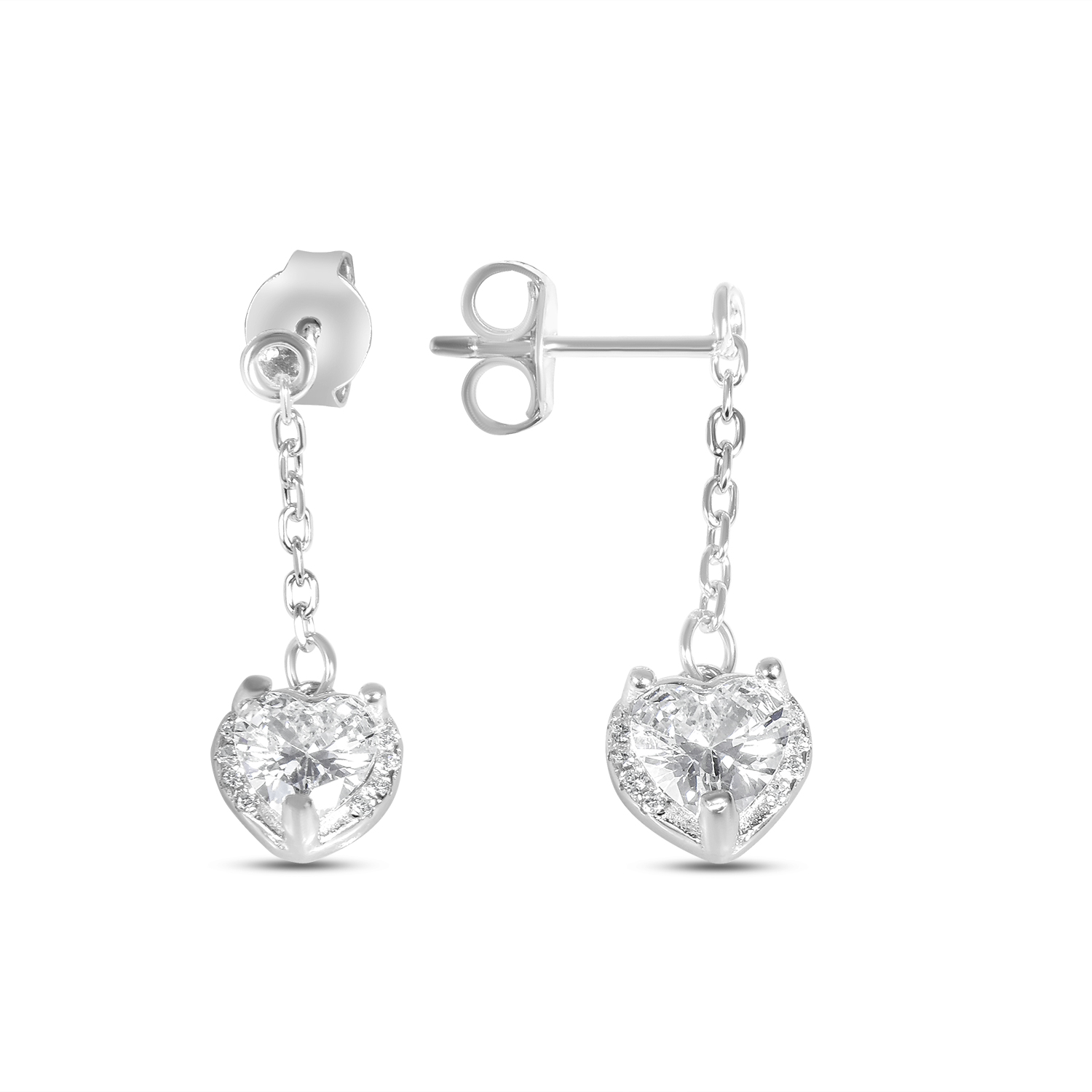 Cercei argint dama cu fir si inima din pietre Zirconia Heart Drop Glow