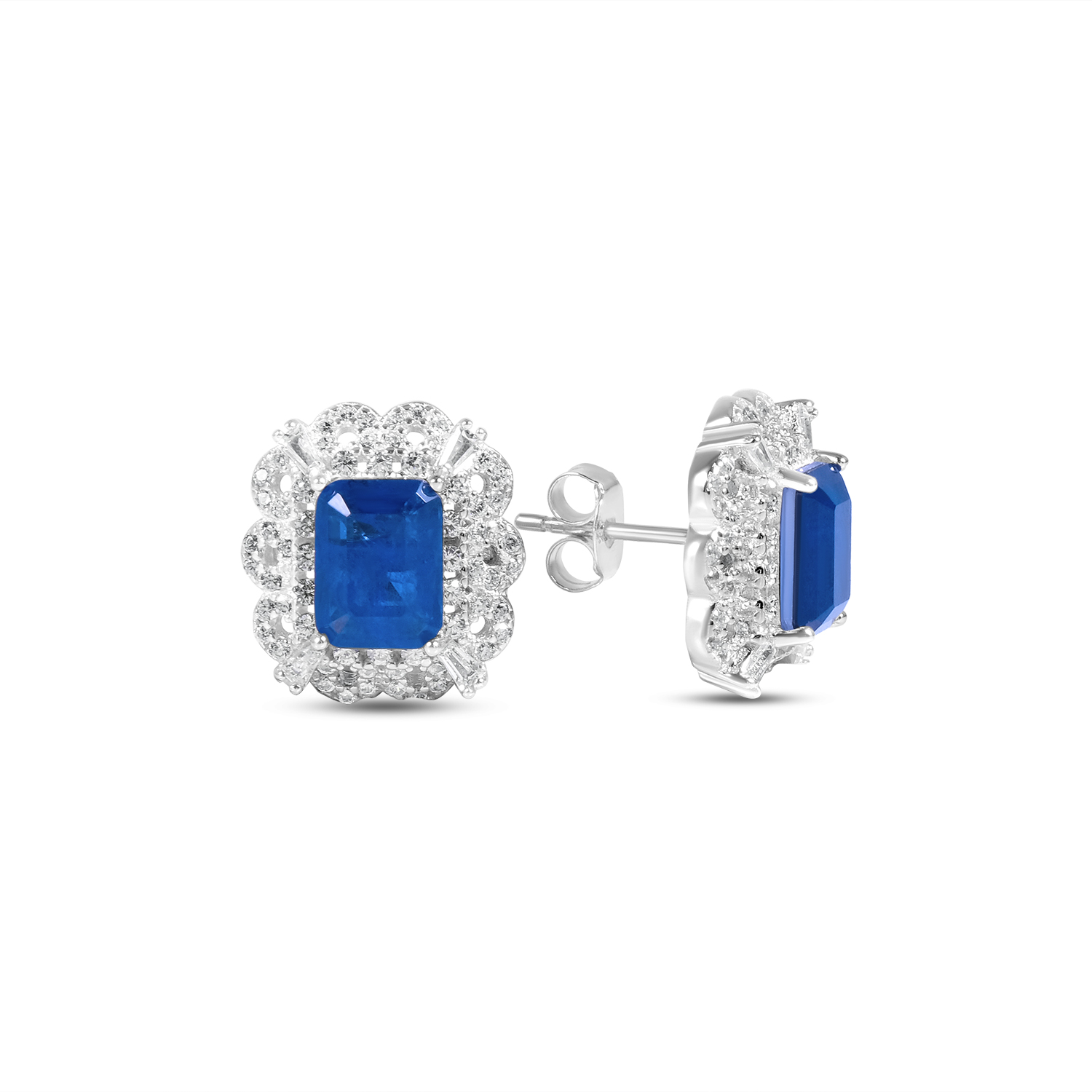 Cercei argint dama cu Zirconia albastra si cercuri pavate cu pietre Zirconia Blue Halo Elegance