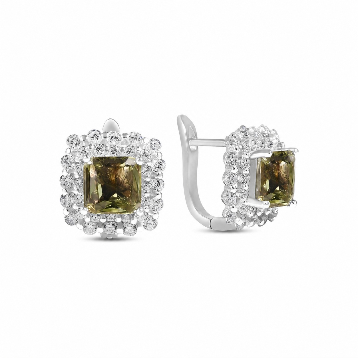 Cercei argint dama cu Zirconia verde patrata si dublu halo de pietre Zirconia Emerald Square Glow