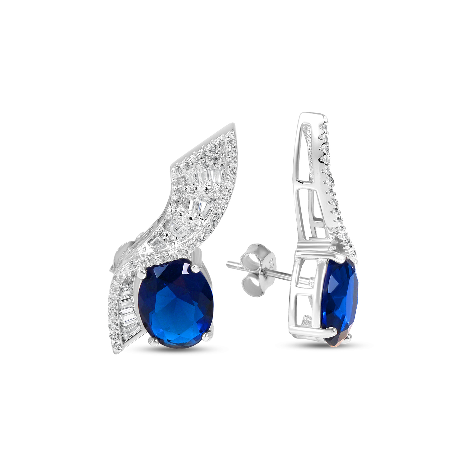 Cercei argint dama cu piatra ovala Zirconia albastra si aripi pavate cu pietre Zirconia Blue Celestial Wings