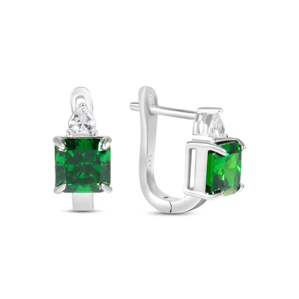 Cercei argint cu piatra Zirconia verde patrata si Zirconia alba Emerald Geometry
