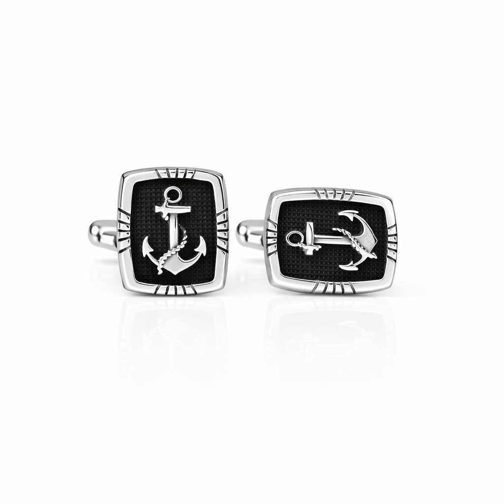 Butoni argint cu ancora si textura marina Nautical Anchor Signature