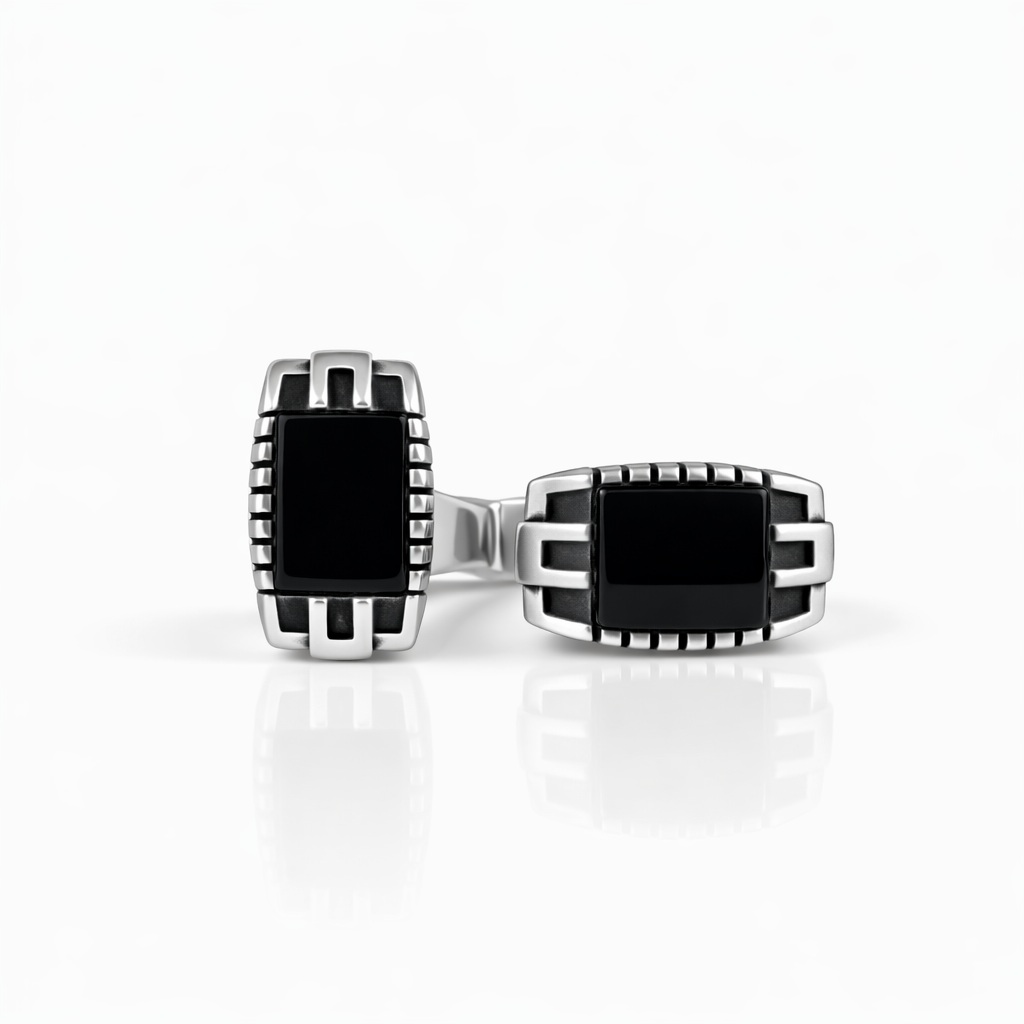 Butoni argint texturati cu insert negru Structured Black Elegance