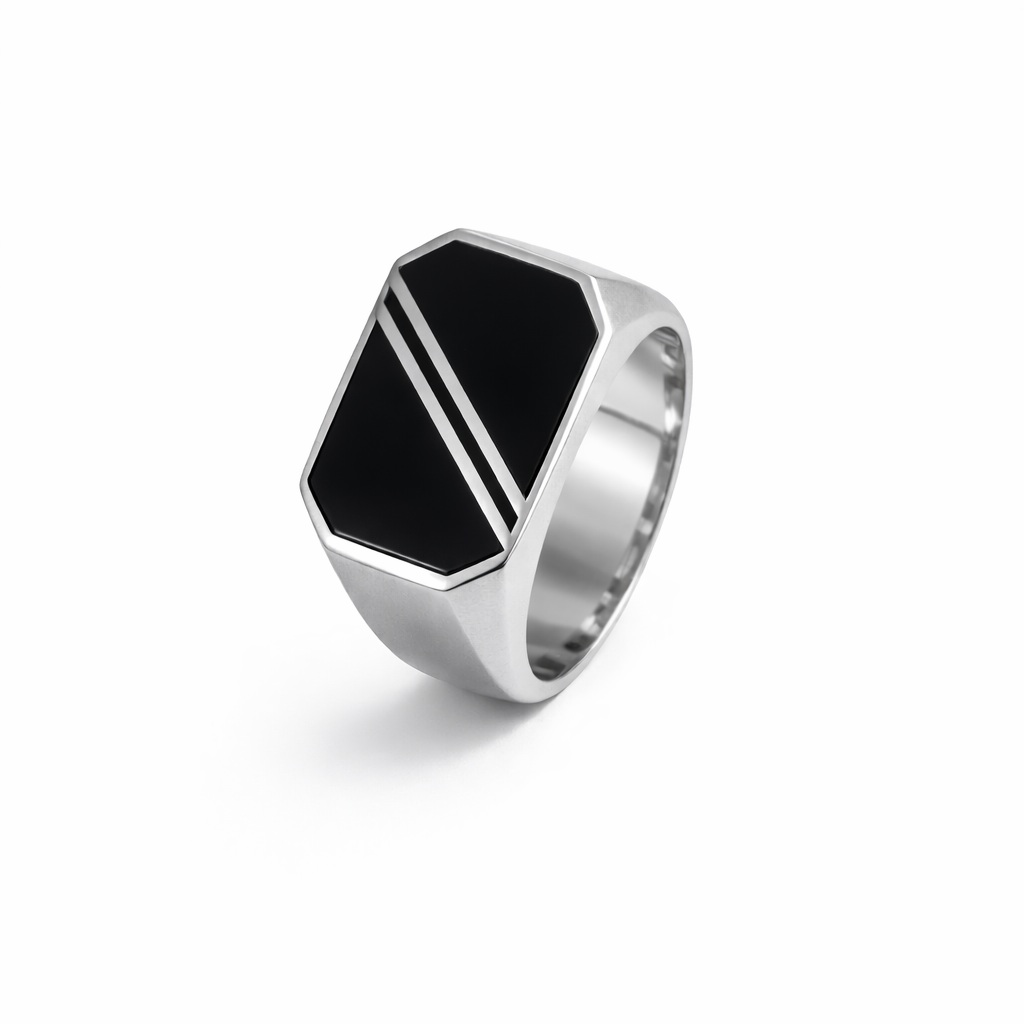 Inel argint cu insert negru drept si linii albe contrast Urban Edge Lines