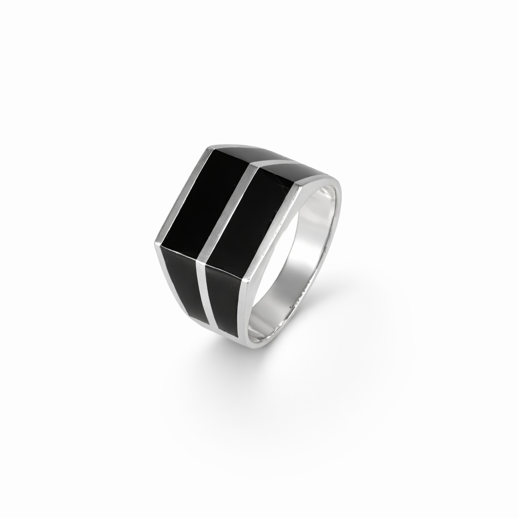Inel argint cu insertii negre si linie centrala moderna Urban Line Ring