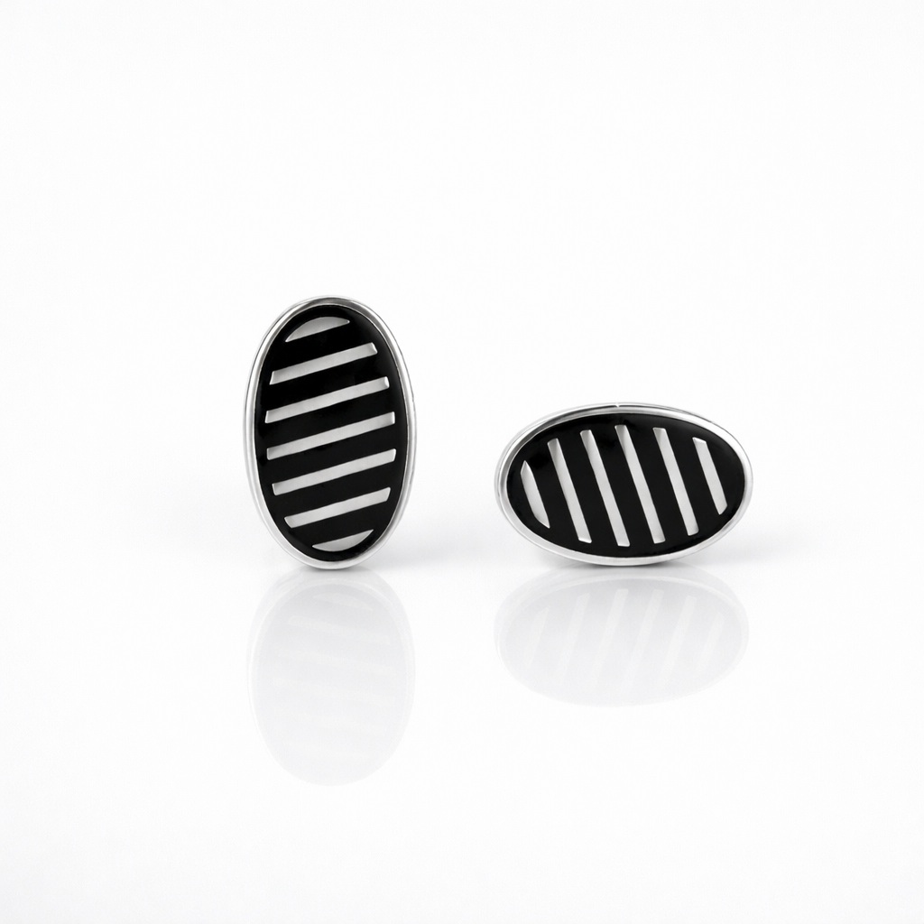 Butoni argint design oval cu linii negre elegante Classic Line Oval